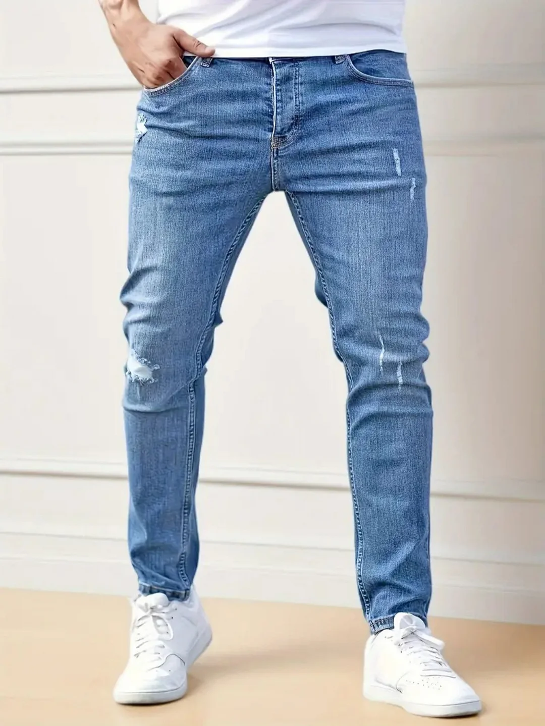 Men's Biker Jeans Ripped Skinny Low Rise Jeans for Man