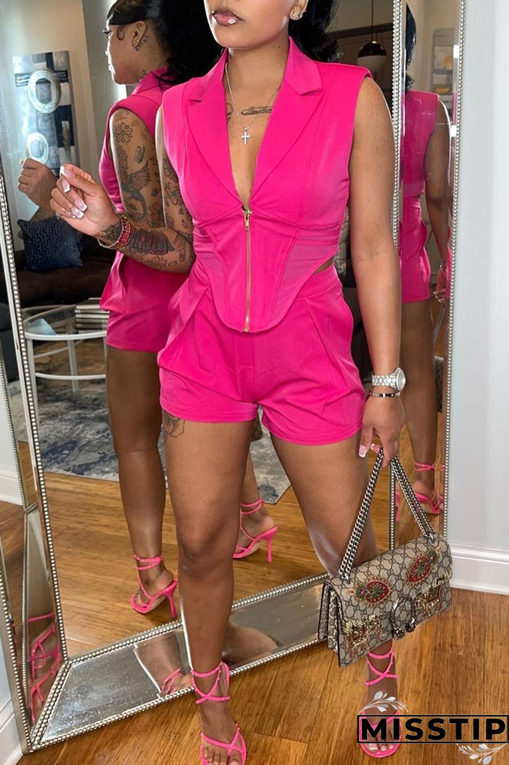 Black Fashion Casual Solid Patchwork Zipper Turn-back Collar Sleeveless Two Pieces