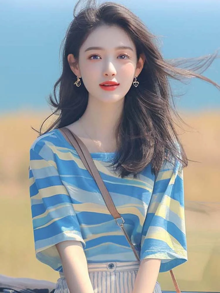 Athvotar Athvotar Korean Chic Oceanous Special To Beautiful Blouse Loose And Thin Blue Striped T-Shirts