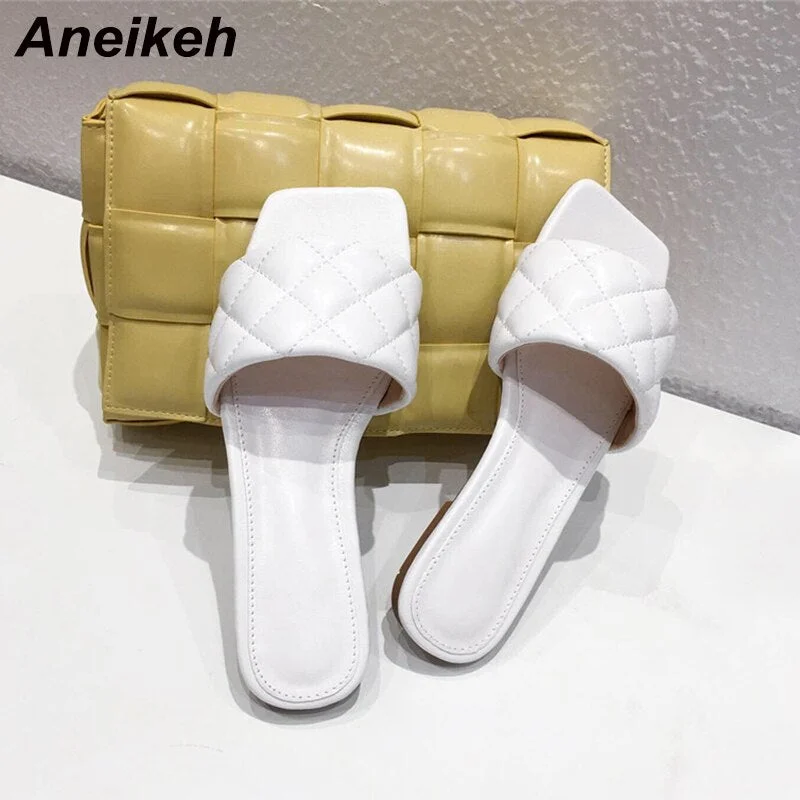Aneikeh 2021 NEW Brand Square Toe Flat Slippers Weave PU Leather Women Sandal Casual non-slip Shoes Open Toe Summer Outdoor Mule