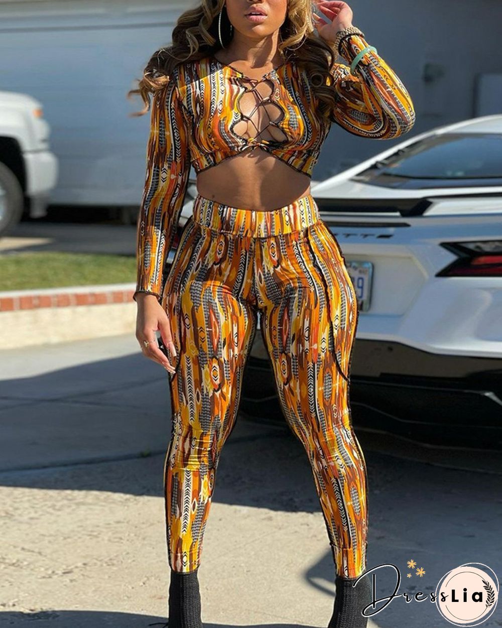 All Over Print Lace-Up Front Crop Top & Pants Set