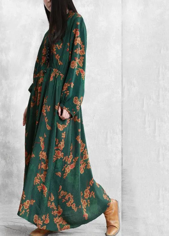 Bohemian stand collar Cinched quilting clothes Fabrics green print Kaftan Dresses