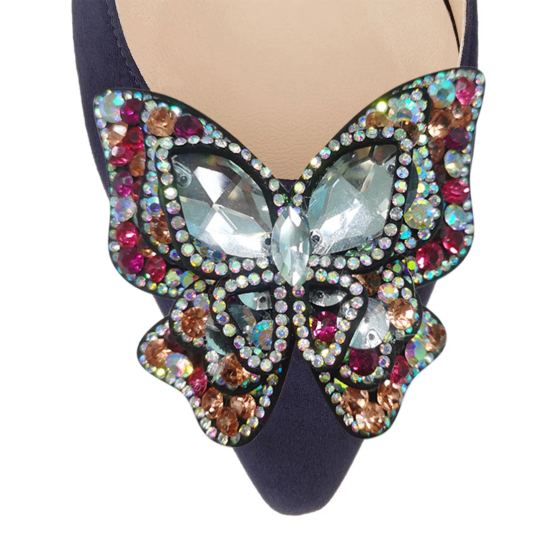 Navy Vegan Suede Pointed Colorful Rhinestone Butterfly Pumps for Women