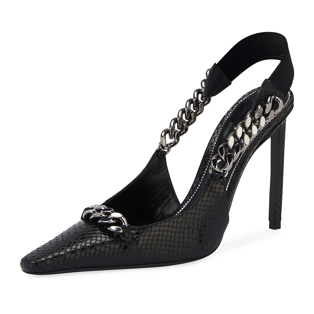 Black Snake Embossed Pointed Toe Chain Slingback Pumps Stiletto Shoes ...