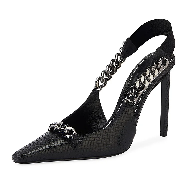 Black Python Chains Stiletto Heel Slingback Pumps |FSJ Shoes