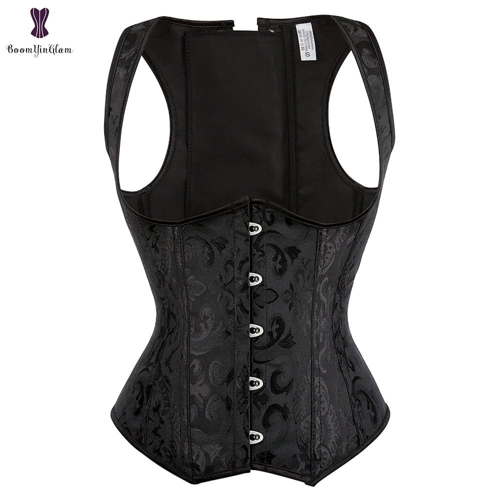 Steampunk Underbust Corset Vest Jacquard Floral Waist Cincher Shaper Shapewear With G String