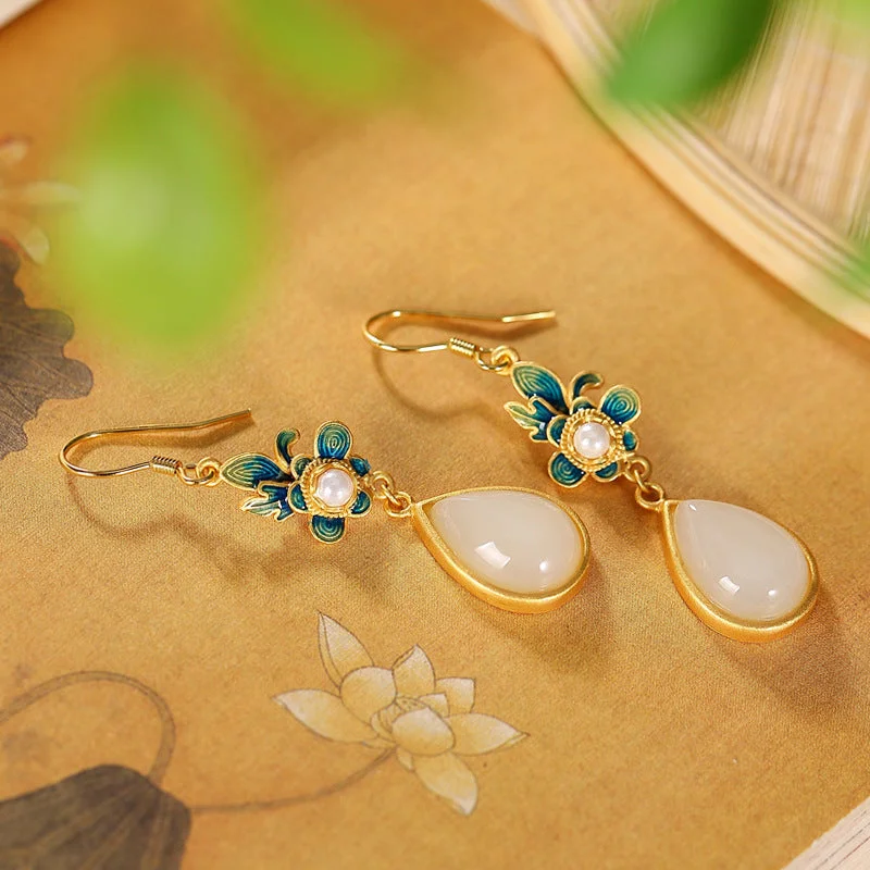 Fengshui Pearl White Jade Luck Drop Earrings