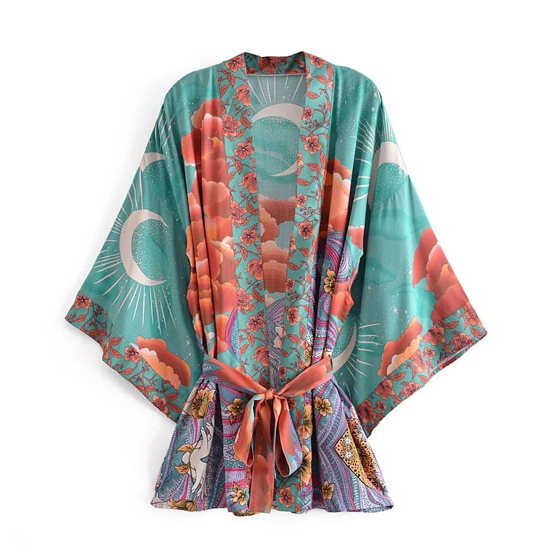 2021 New Fashion Autumn Women's Ethnic Style Vintage Boho Print Belt Kimono Beach Vacation Short Top Blouse