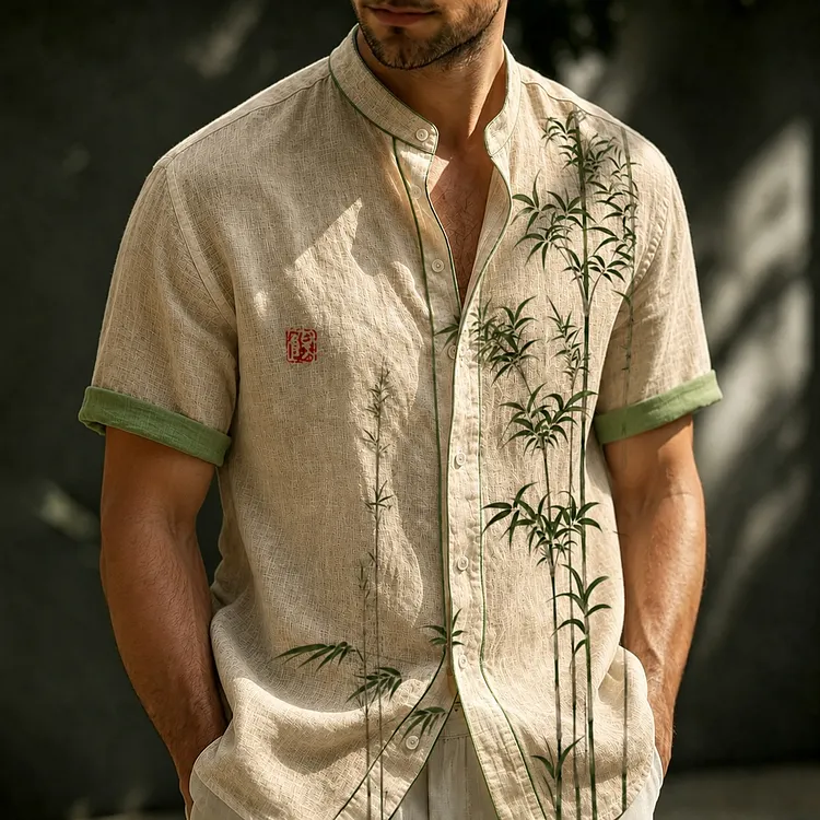 Men's Vintage Japanese Bamboo Art Print Short-sleeve Shirt