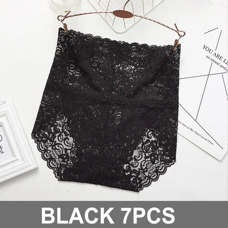 7PCS High Waist Panties Women Lace Sexy Underwear Female Floral Perspective Lingerie Briefs Underpants Plus Size Pantys M-XXXL