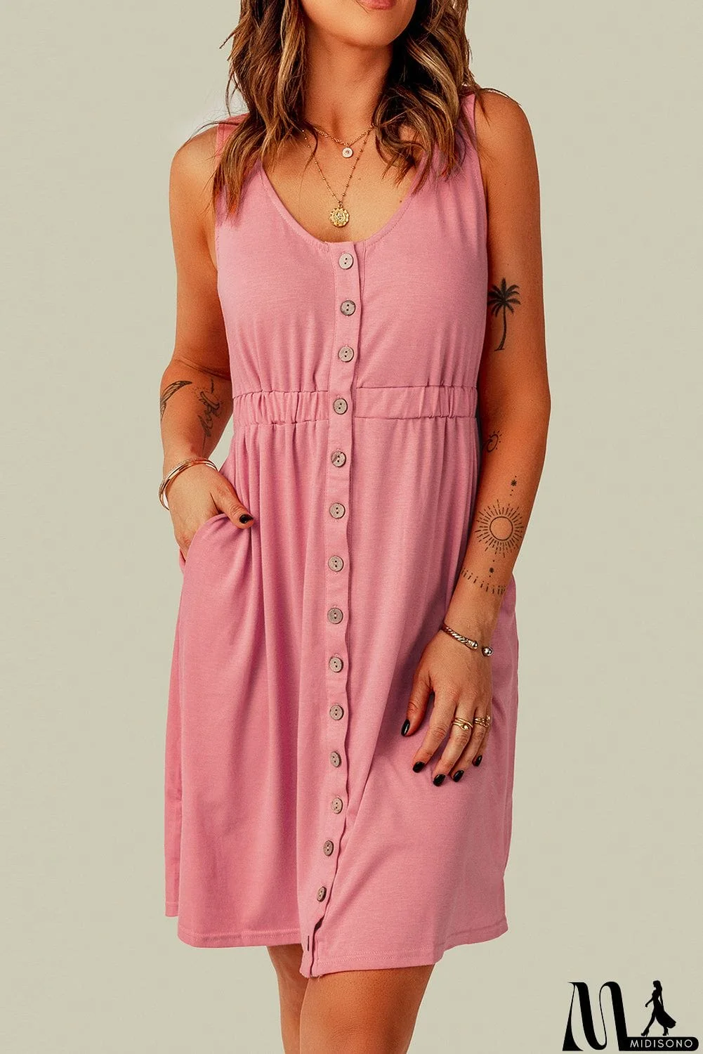 MidiSono - Buttons Sleeveless High Waist Mini Dress