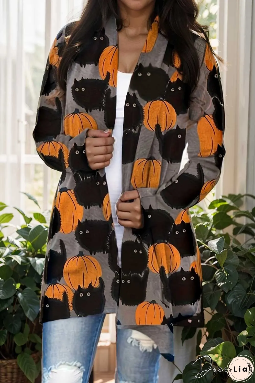 plus size halloween coat women s pus allover cat pumpkin print long sleeve open front medium stretch cardigan overcoat