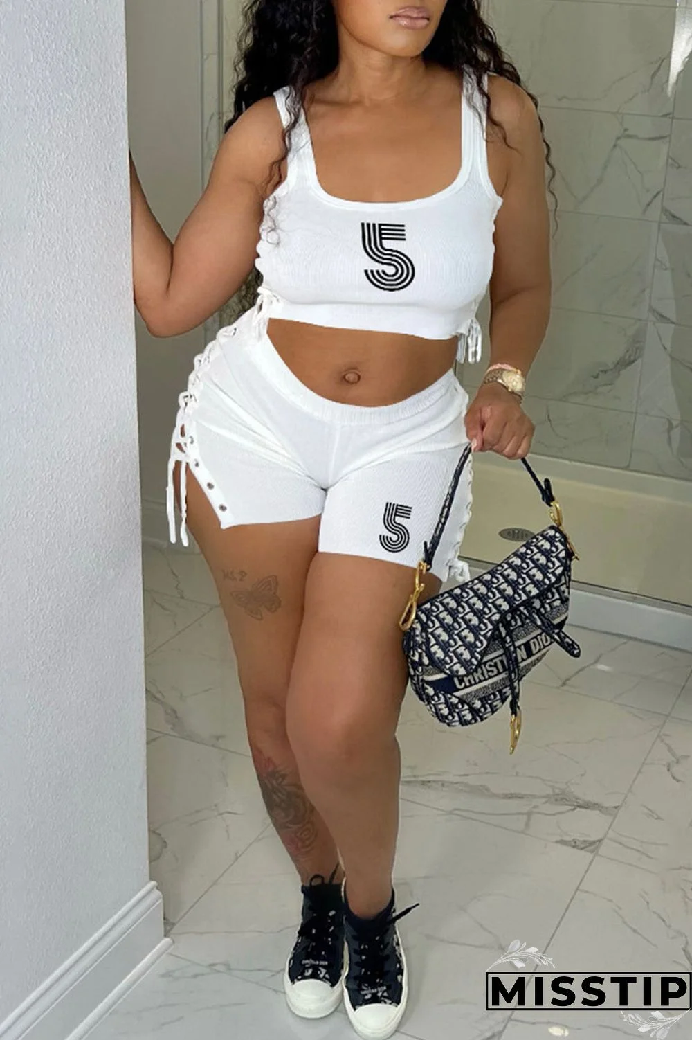 Blue Casual Print Bandage U Neck Sleeveless Two Pieces