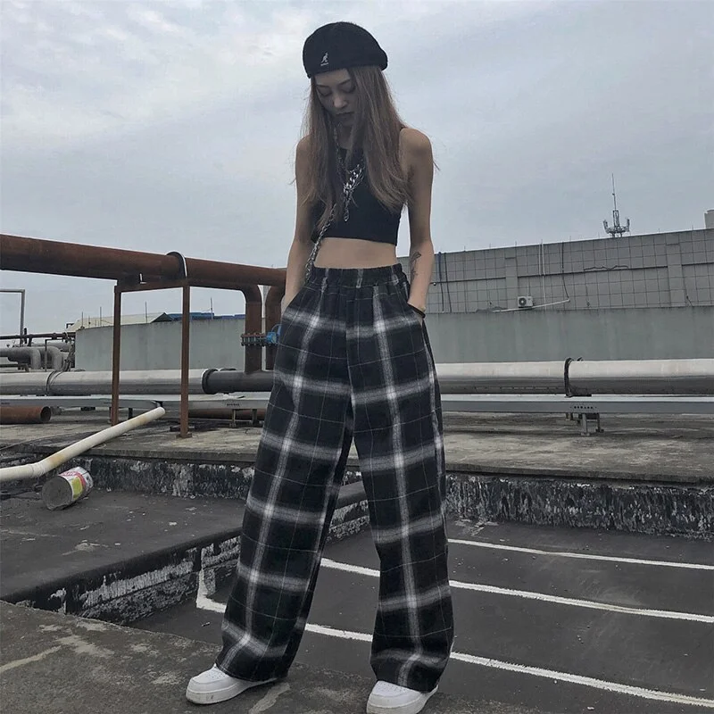 Jangj women loose bf pants polyester casual flat high Straight leg jogger punk trousers dropshipping pockets sweatpants clothes gothic