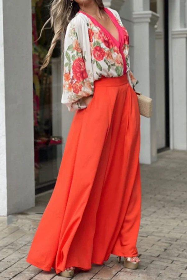Pure Sweetness Floral Puff Sleeve Blouse and Pocketed Wide Leg Pants Set