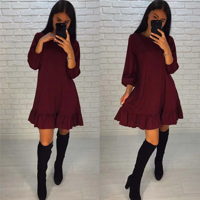 New Loose Flounce Dress Lantern Sleeve Round Neck Long Sleeve Dress Summer Women Beach Dress Casual Club Dress