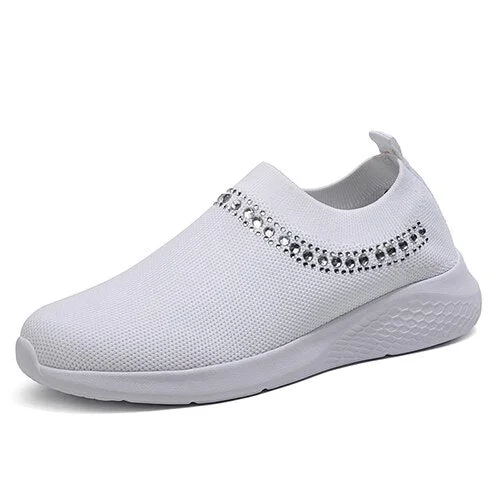 Back to college Women Crystal Sneakers 2022 Woman Flat Mesh Loafer Women's Comfort Vulcanized Ladies White Casual Shoes Trainers Basket Female