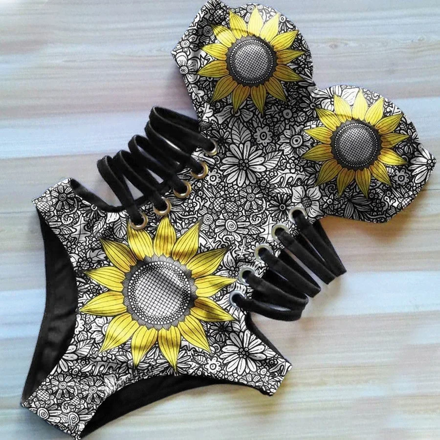Sunflowers Pattern One Piece Bikini, Sexy Hollow Out Swimsuit For Women