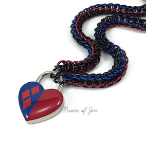 pornhint Pornhint Women's Slave Collar Harley Quinn Inspired Red and Blue Heart Lock