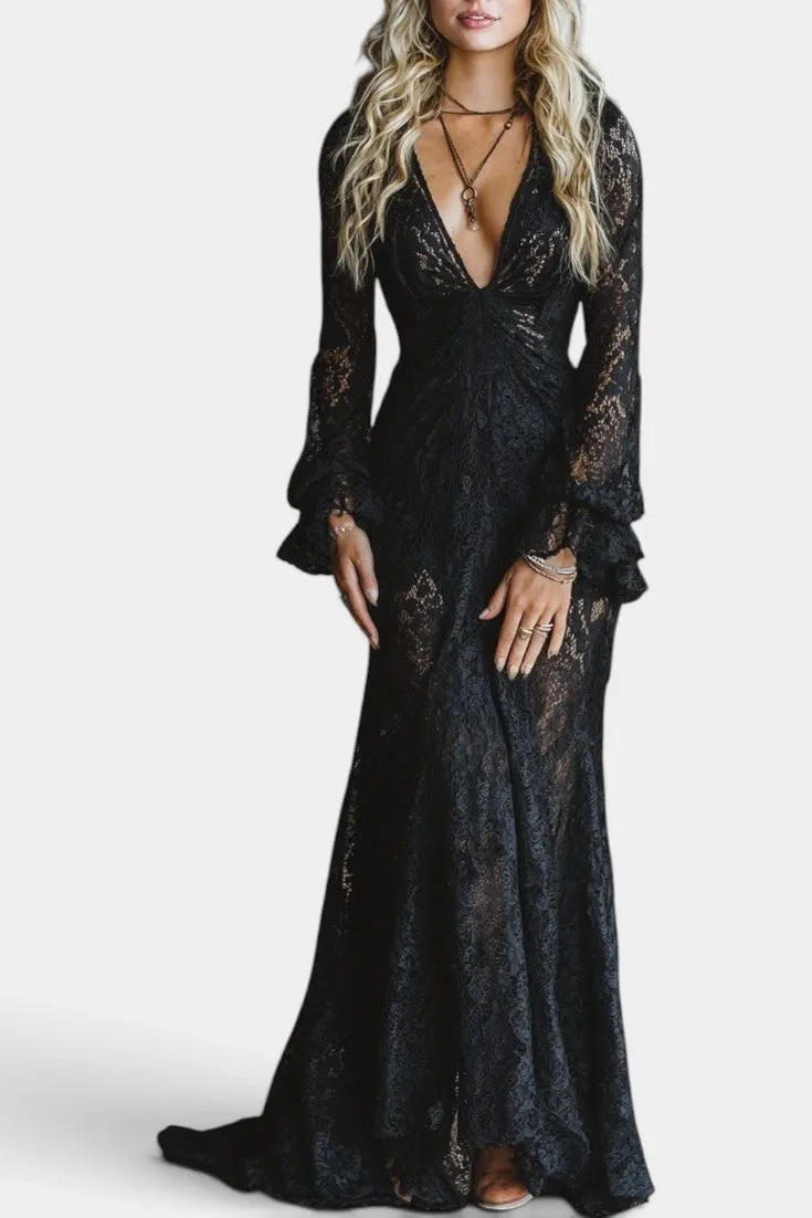 Deep V-Neck Lace Maxi with Flared Sleeves
