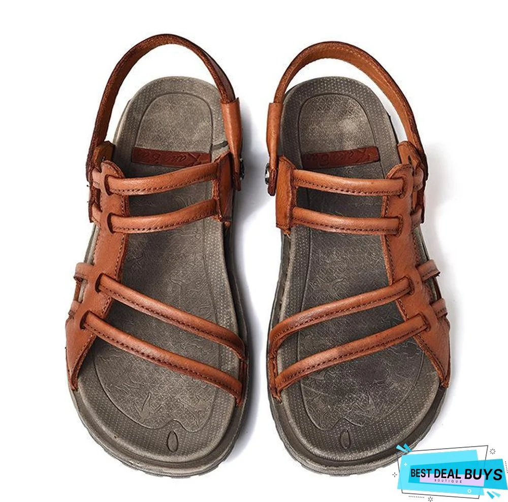 Men's Retro Genuine Leather Sandals Beach Non-Slip Slippers Shoes