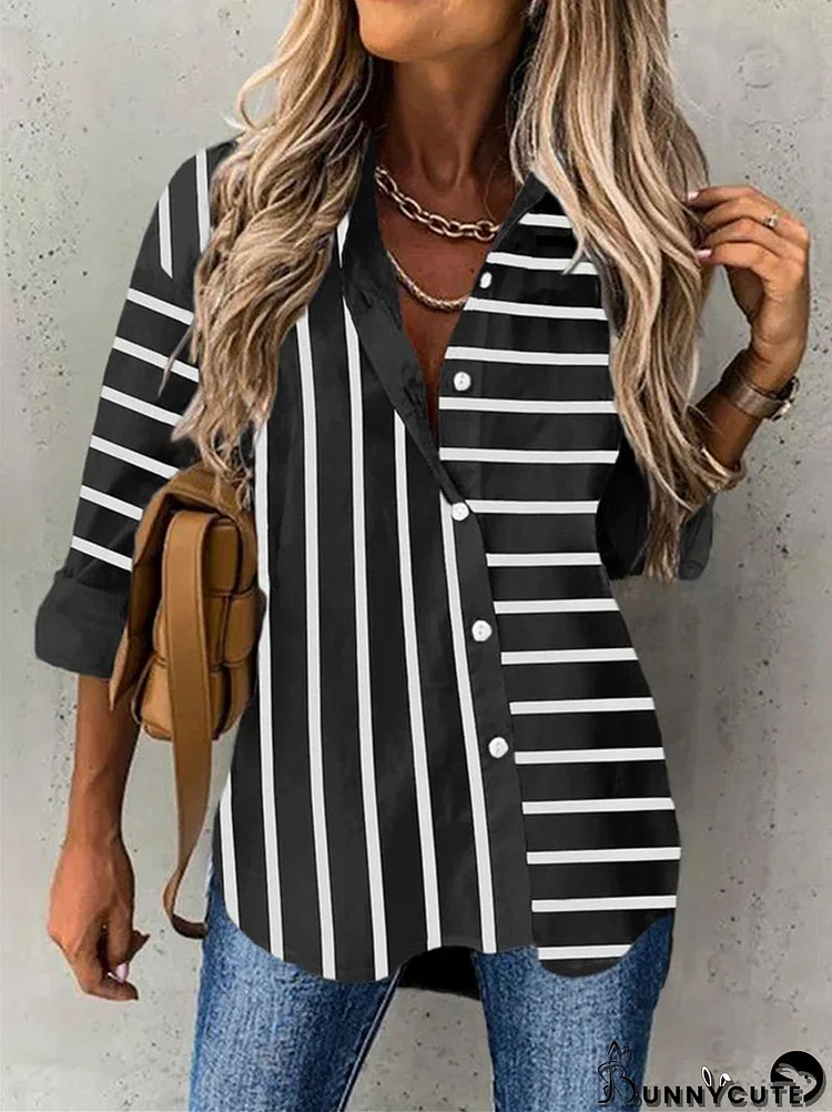 Women V-Neck Loose Striped Long Sleeve Shirt