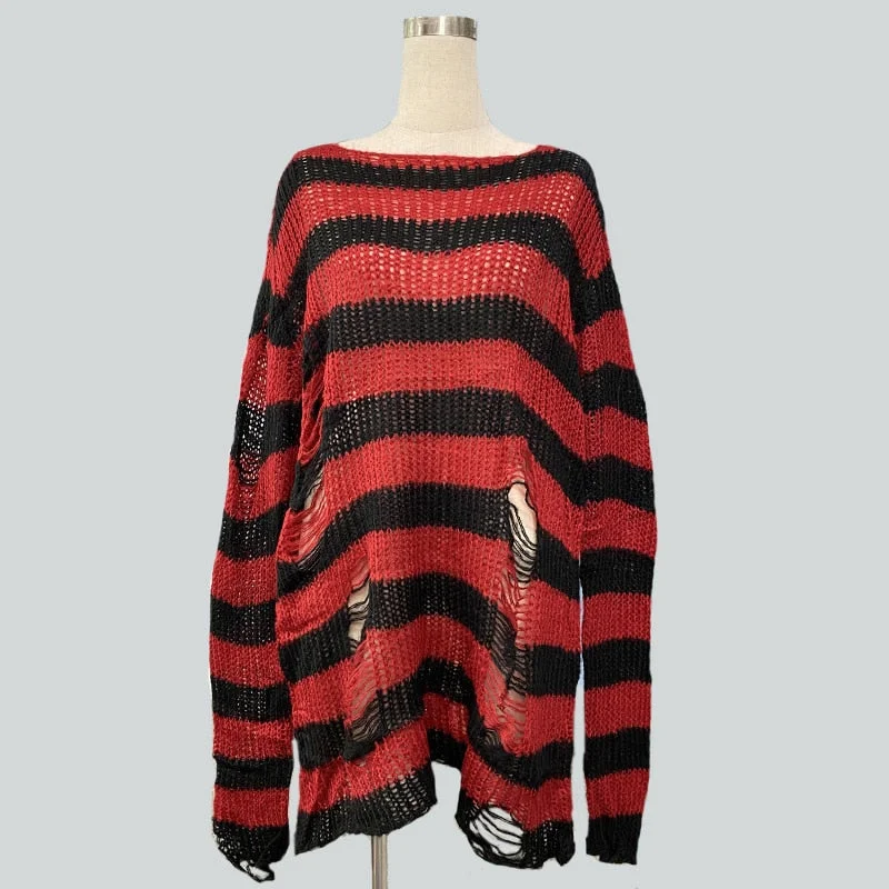 2021 Women Man  Sweater Dress Punk Gothic Long Unisex Cool Hollow Out Hole Broken Striped Jumper Loose Rock Thin Sweater
