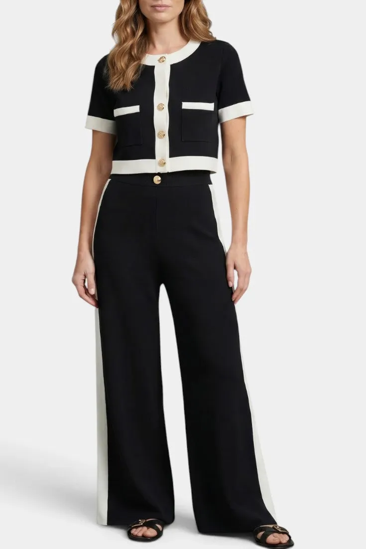 Contrast Trimmed Short Jacket & Wide-Leg Trousers Set