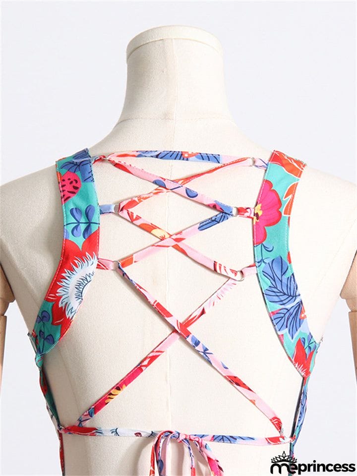 Women's Crew Neck Back Lace-up Floral Bohemian Dress