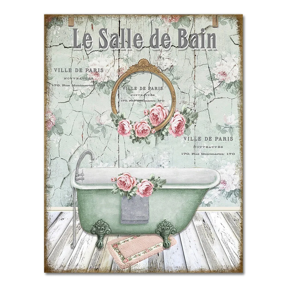 Vintage French Style Shabby Victorian Bathtub Canvas Prints , Watercolor Floral Bathroom Wall Art Painting Pictures Decoration