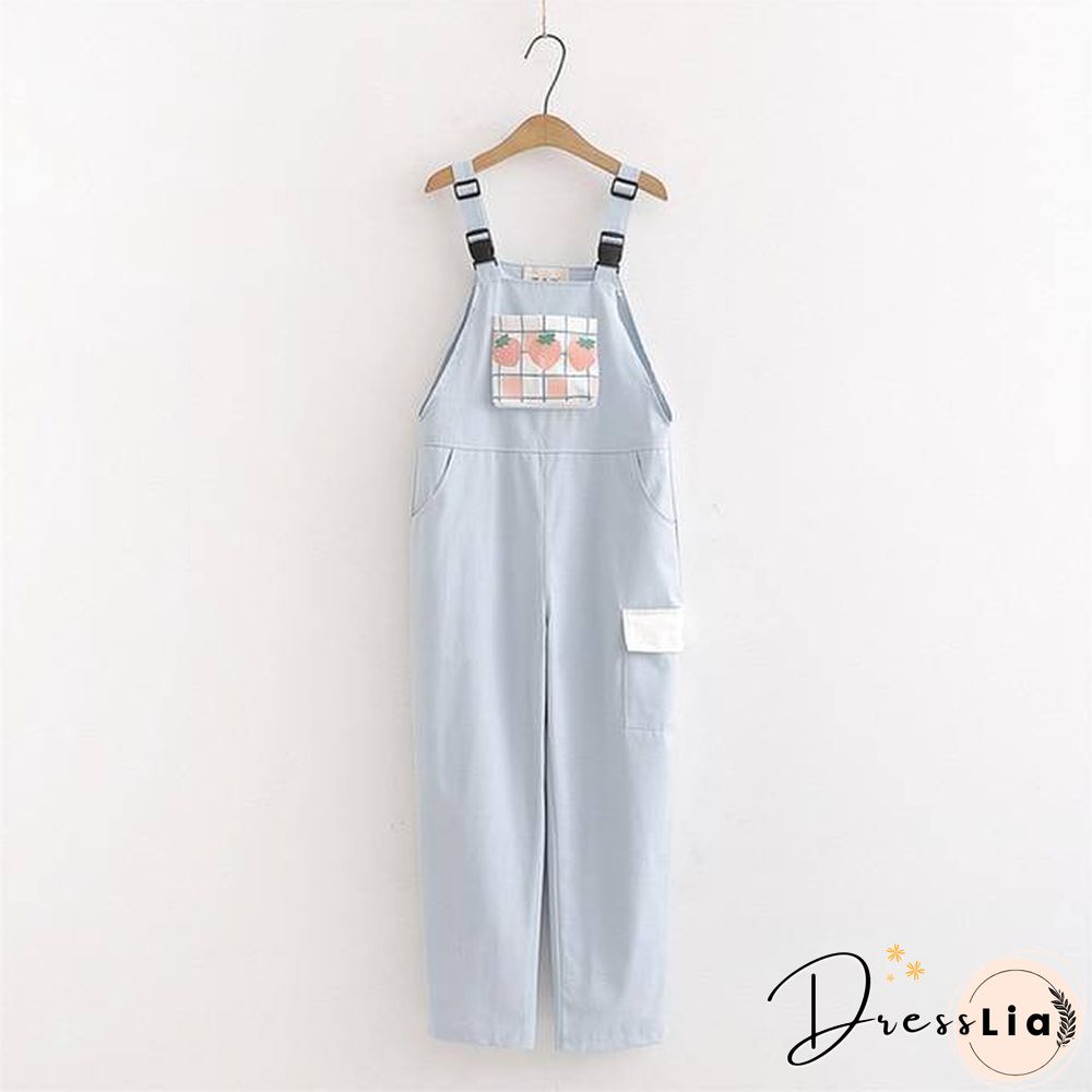 Strap pants, womens sweet plaid strawberry print casual trousers female pink overalls