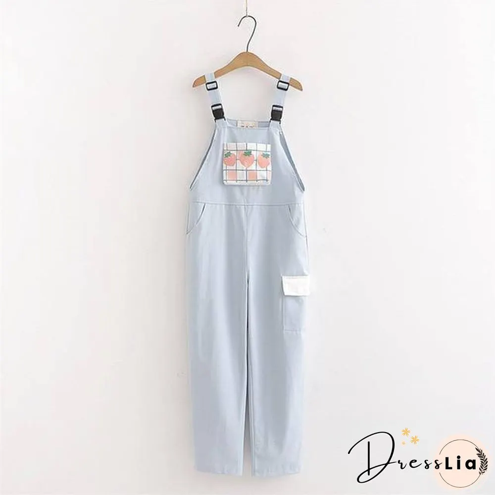 Strap pants, womens sweet plaid strawberry print casual trousers female pink overalls
