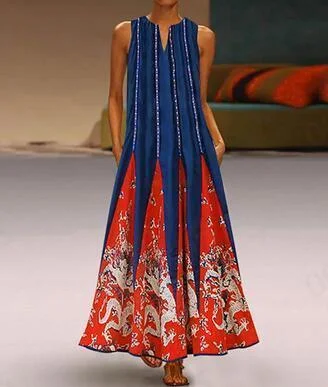 Retro Multicolor Printed Pocket V-neck Sleeveless Dress