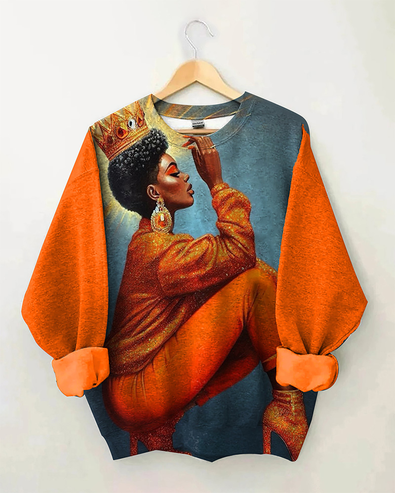 Black Girl Crown Wish Lady Personality Crewneck Long Sleeve Hoodie