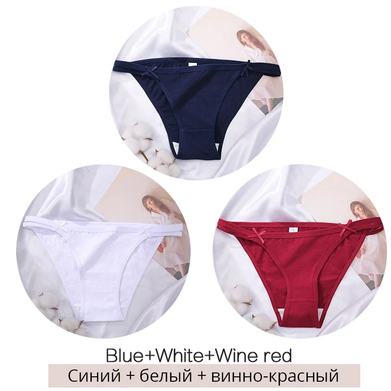 FINETOO M-2XL Bow Cotton Panties 3Pcs/set Women Briefs Girls Plus Size Underpants Low-rise Hollow Underwear Female Lingerie 2021