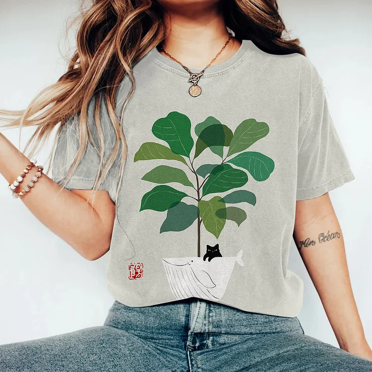 Abstract Creative Potted Plant Cute Cat Painting Art T-Shirt