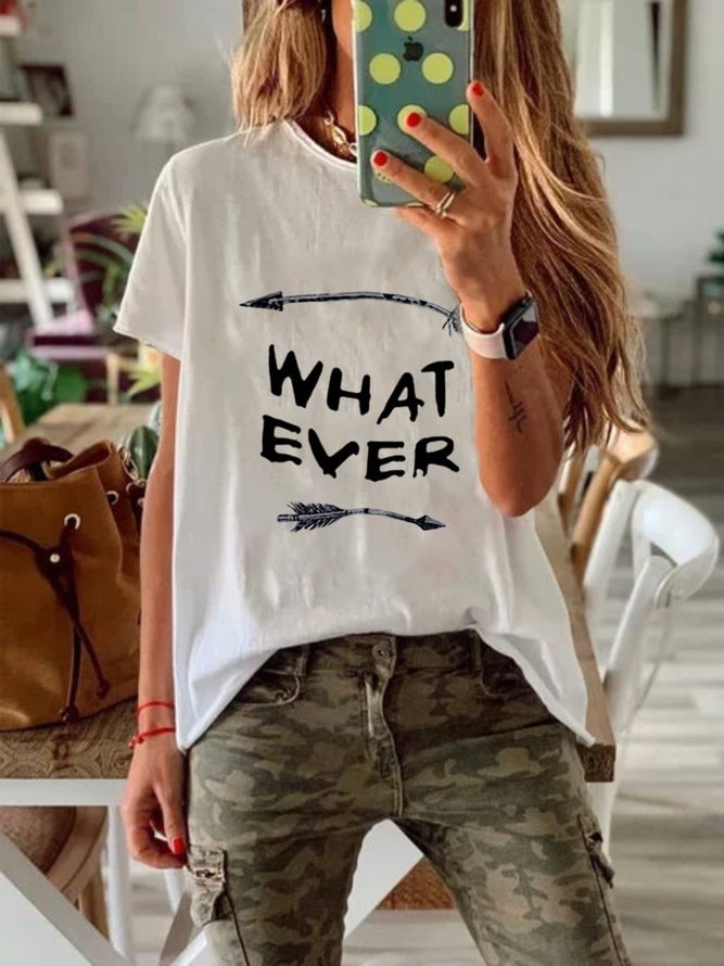 Plus Size Women Short Sleeve Round Neck Vintage Letter Floral Casual Tops
