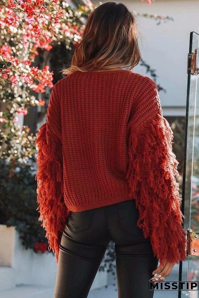 Solid Color Round Neck Long Sleeve Tassel Sweater