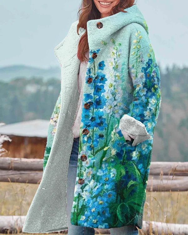 Vintage Floral Print Hooded Long Sleeve Jacket
