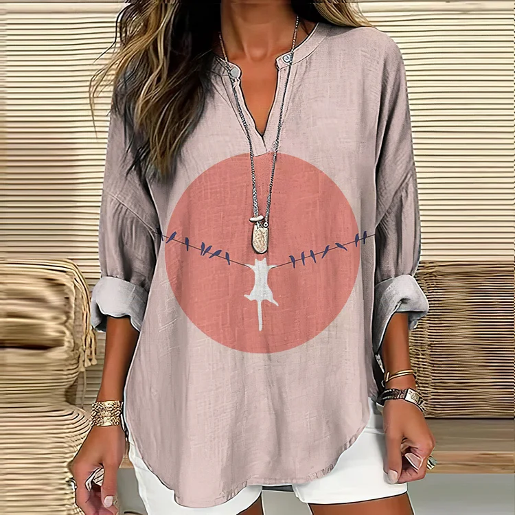 Abstract Creative Dangling Cute Cat Painting Art Pattern Women's Linen V-Neck Shirt