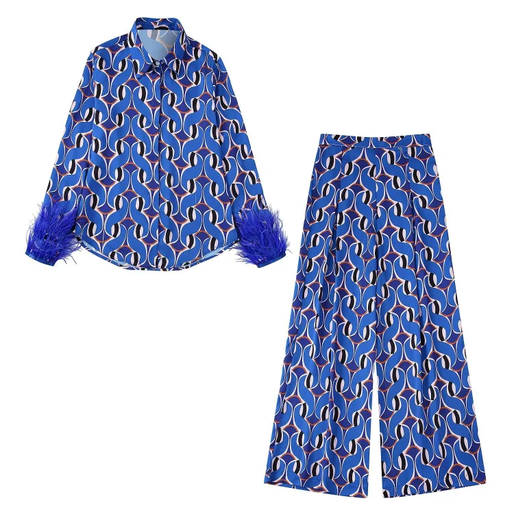 Flaxmaker Fashion Printed Feather Shirt Blue Two Piece Pants Set