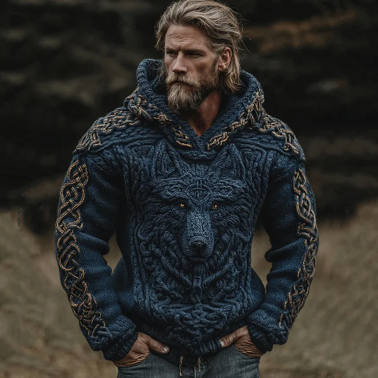 Men's Viking Wolf Celtic Knot Jacquard Knitted Hooded Sweater
