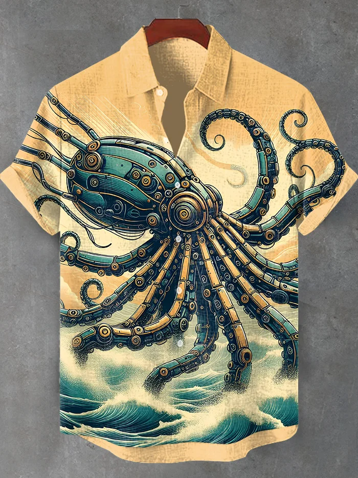 Men's Funny Mecha Art Octopus Print Short Sleeve Shirt