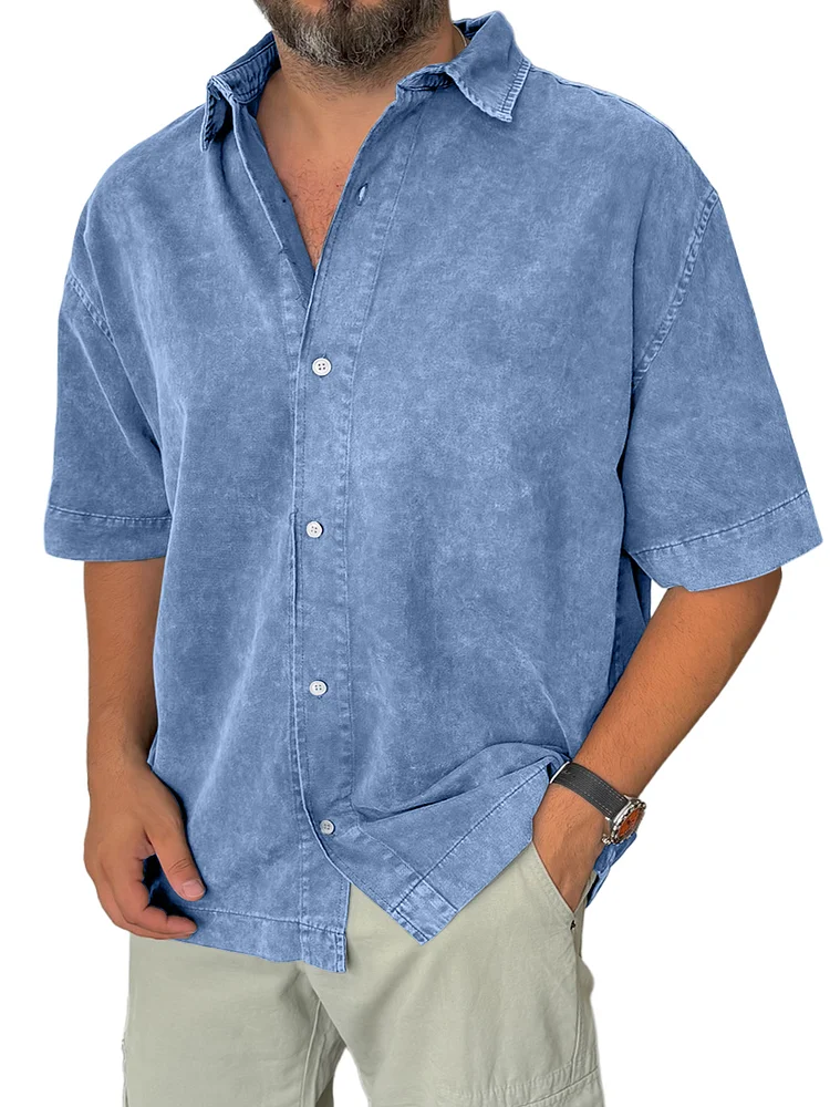 Men's Retro Everyday Casual Lapel Solid Color Short Sleeve Shirt