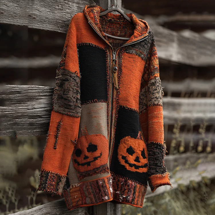 Vintage Patchwork Halloween Pumpkin Face Art Cozy Knit Hooded Sweater Coat