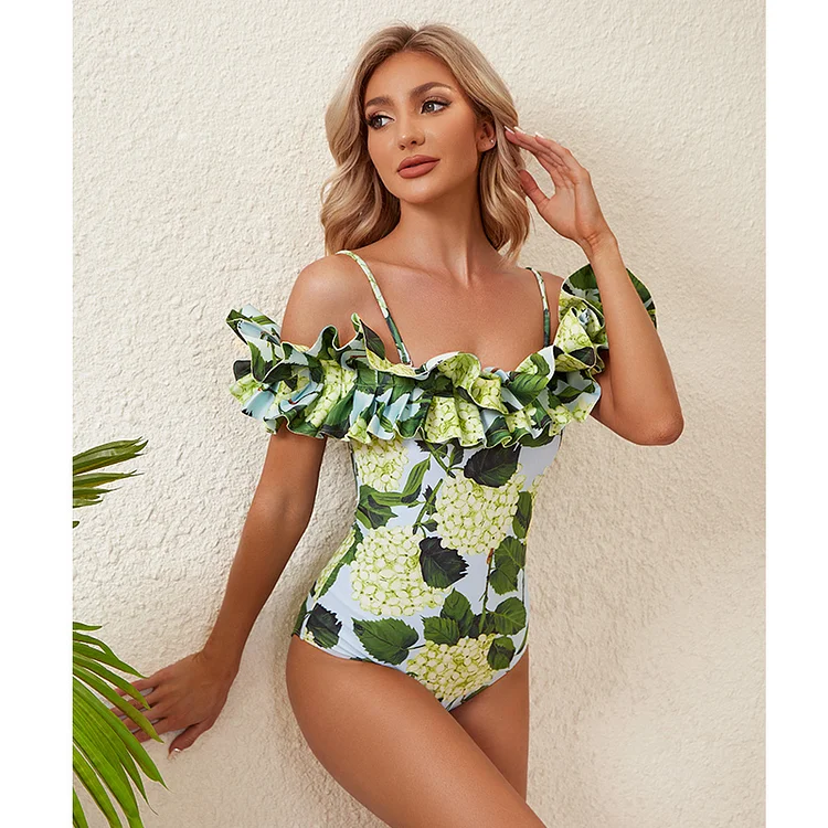 Off Shoulder Hydrangea Print Ruffle One Piece Swimsuit And Skirt Flaxmaker 