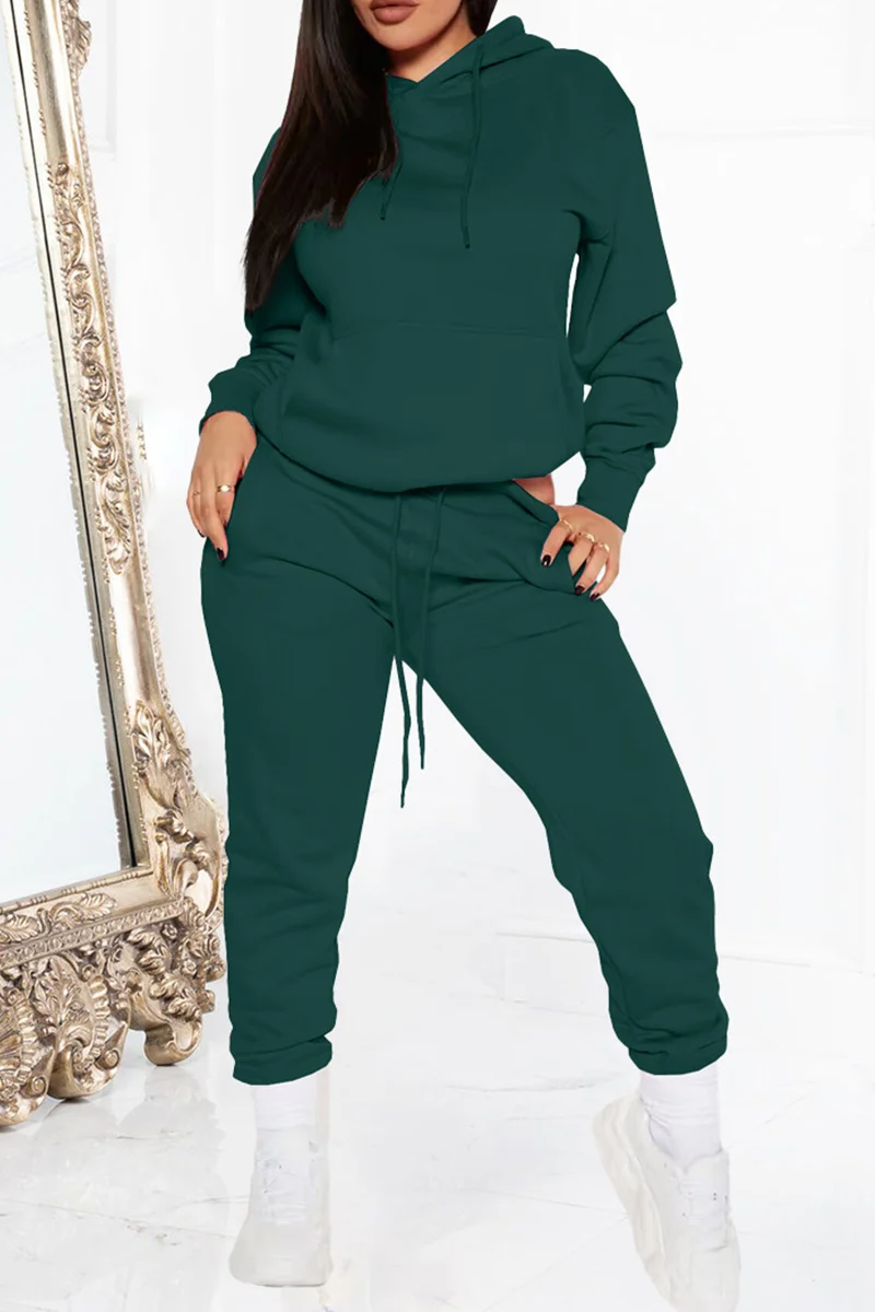 Ink Green Casual Solid Patchwork Hooded Collar Long Sleeve Two Pieces | EGEMISS