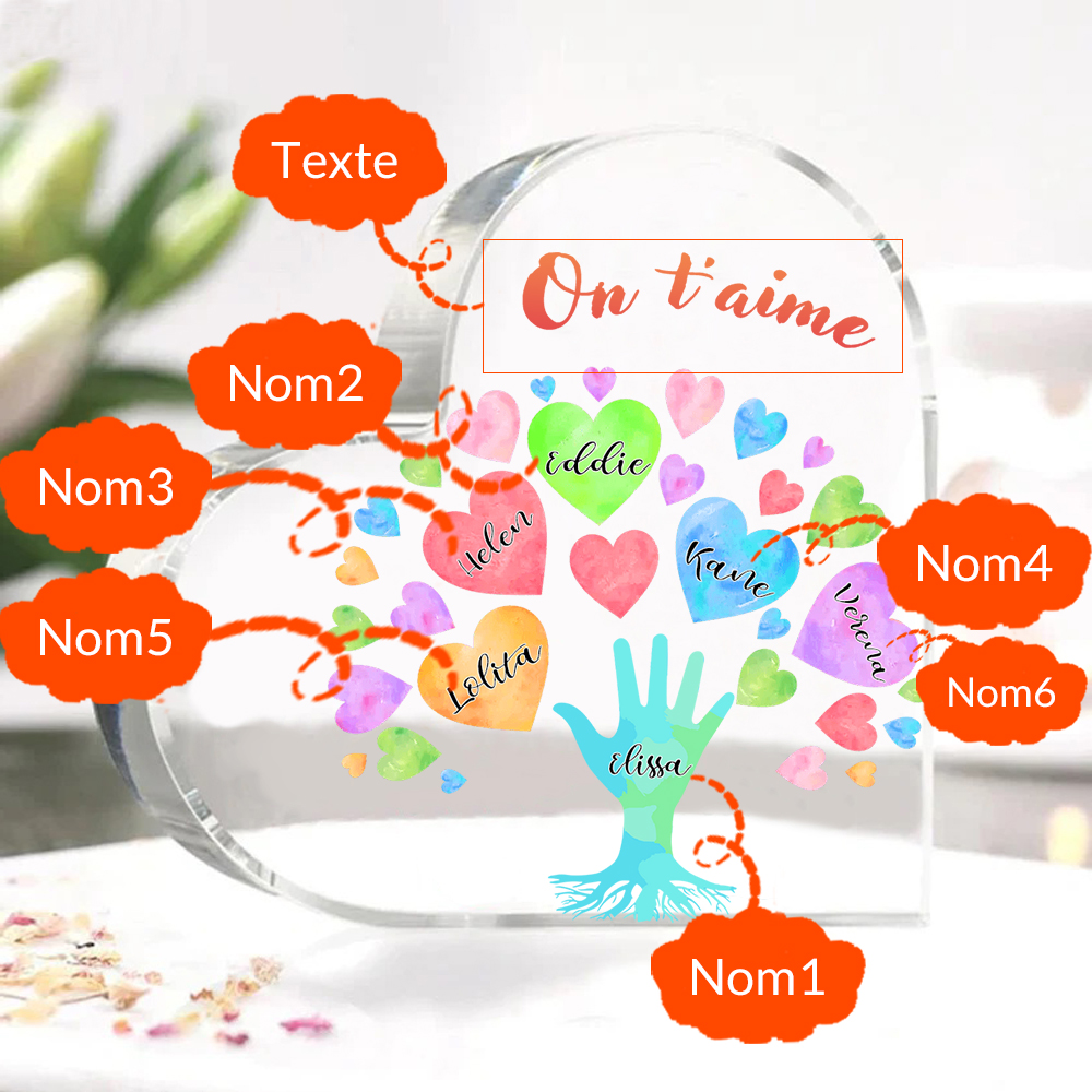 Plaque Acrylique en Forme de Cœur 6 Prénoms Personnalisés avec Texte pour Famille