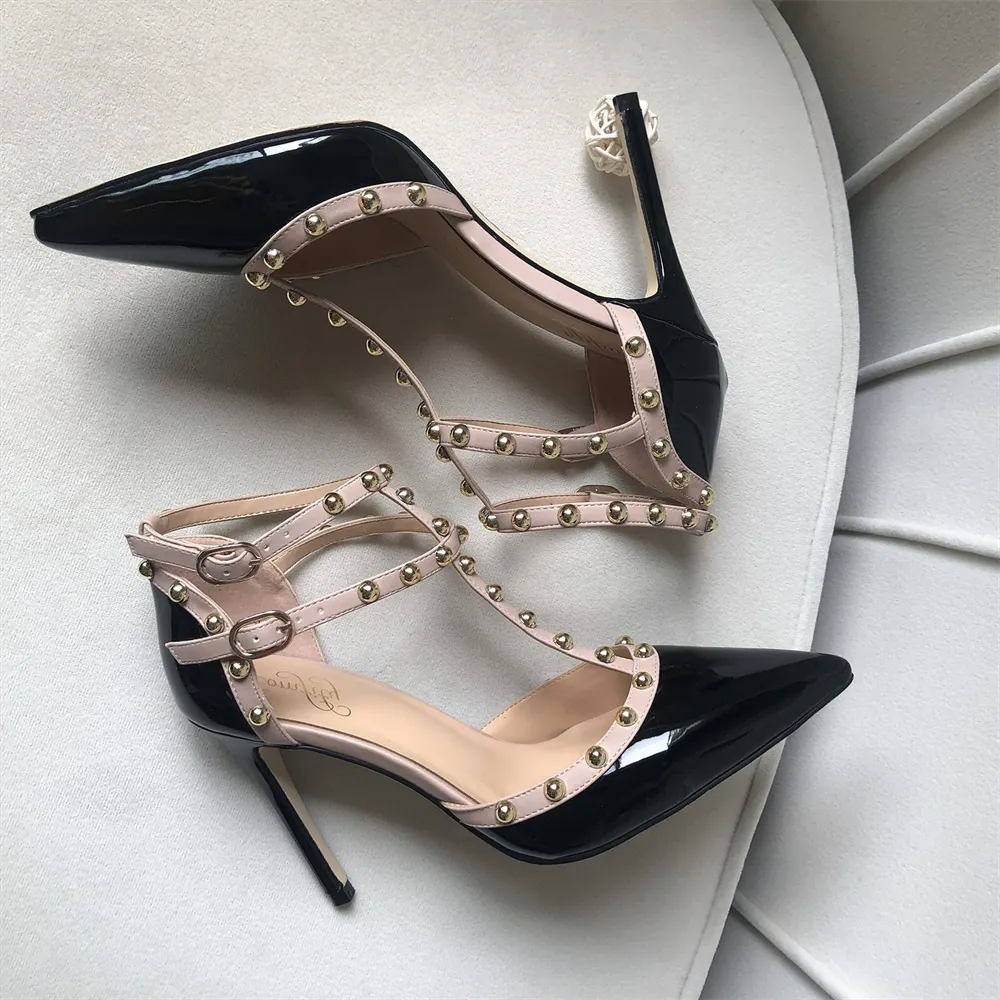100mm Womens Pointed Toe Pumps Round Rivets Ankle Strap Sandals-vocosishoes