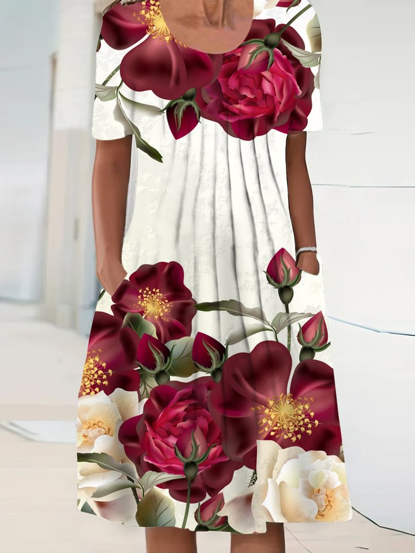 Women's Short Sleeve Scoop Neck Floral Printed Graphic Midi Dress